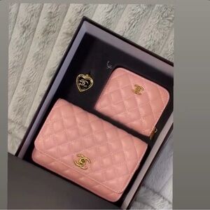 Othr Pink Quilted Wallet and Card Case Set with Gold Hardware